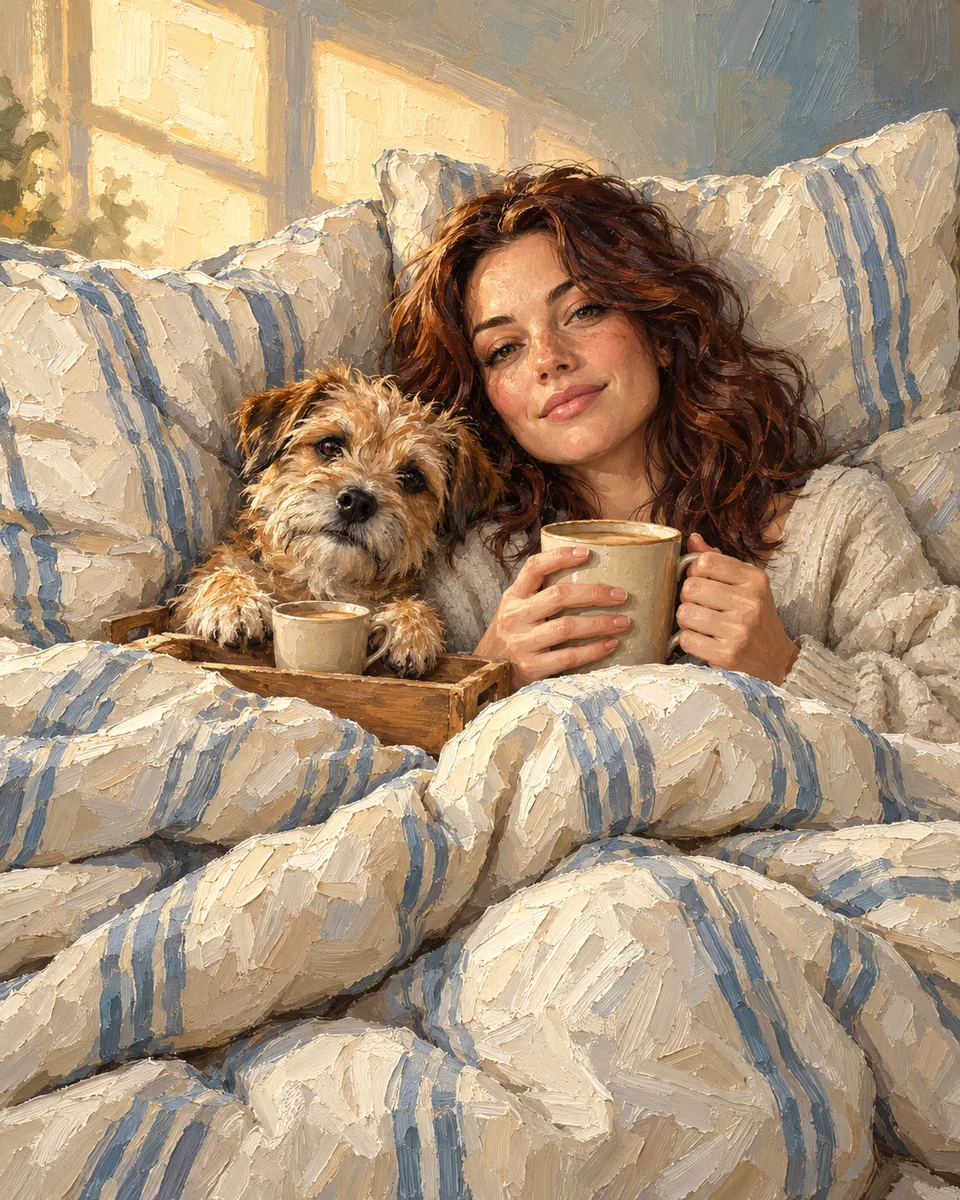 Oil painting of a woman and her dog: Coffee, striped bedding and nowhere else to be