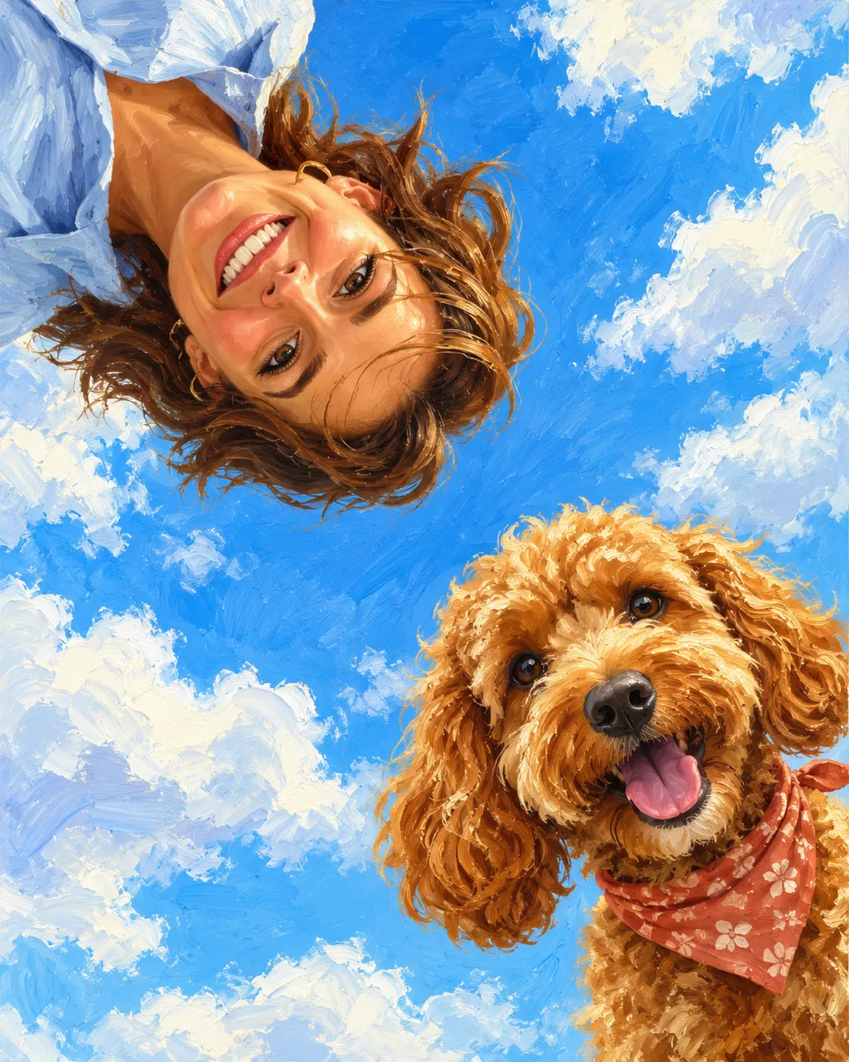 Oil painting of a woman and her dog: A playful view from below, framed by blue sky and soft clouds