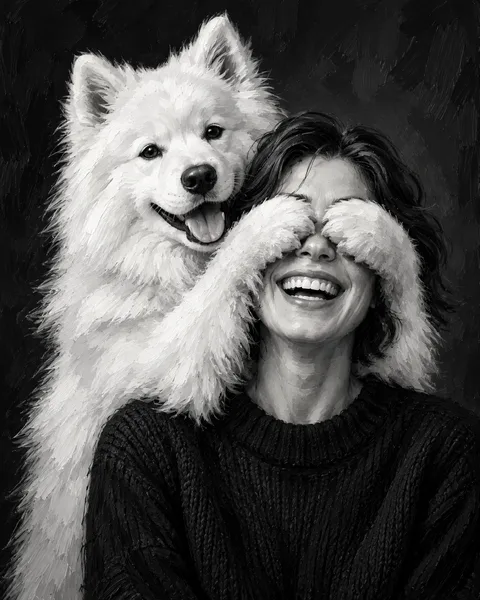 Oil painting of a woman and her dog: A playful paw, a smile and a moment worth keeping