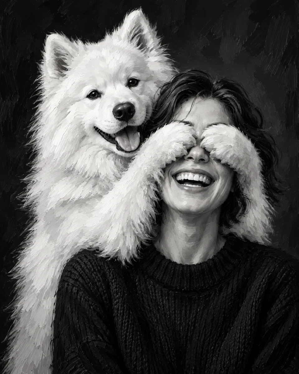 Oil painting of a woman and her dog: A playful paw, a smile and a moment worth keeping
