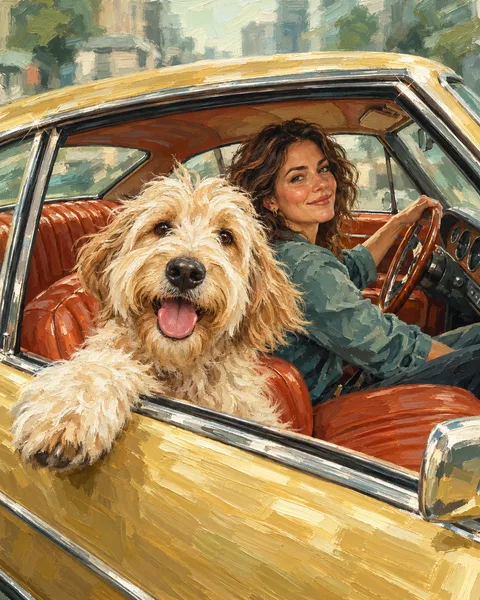 Oil painting of a woman and her dog: A vintage car window, warm leather and a little road-trip attitude
