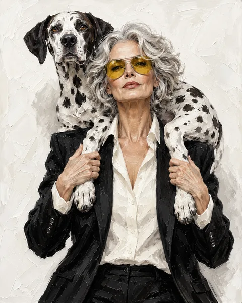 Oil painting of a woman and her dog: An affectionate shoulder pose with a touch of editorial attitude