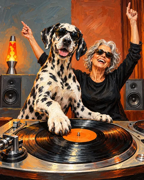Oil painting of a woman and her dog: A record player, warm orange accents and your favourite double act