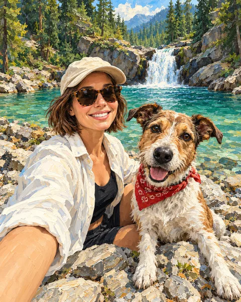 Oil painting of a woman and her dog: A woodland waterfall and a bright moment outdoors together