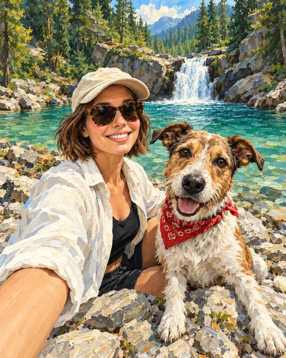 Oil painting of a woman and her dog: A woodland waterfall and a bright moment outdoors together
