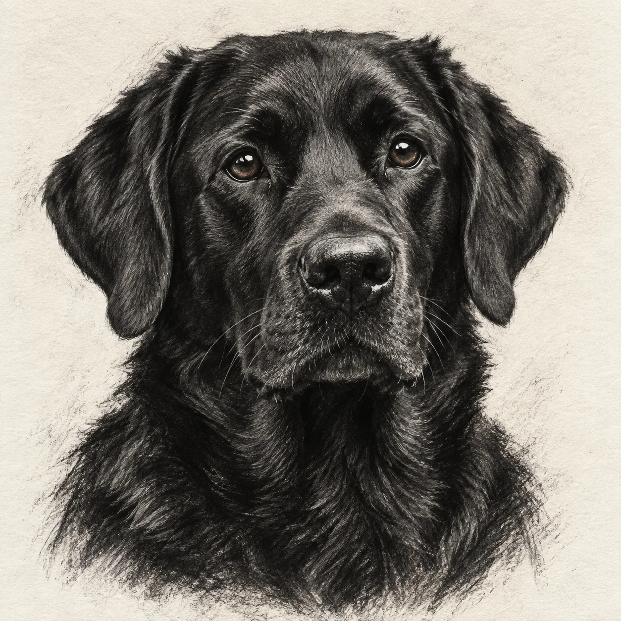 Black Labrador charcoal pet portrait with clear eyes, nose and dark-fur detail