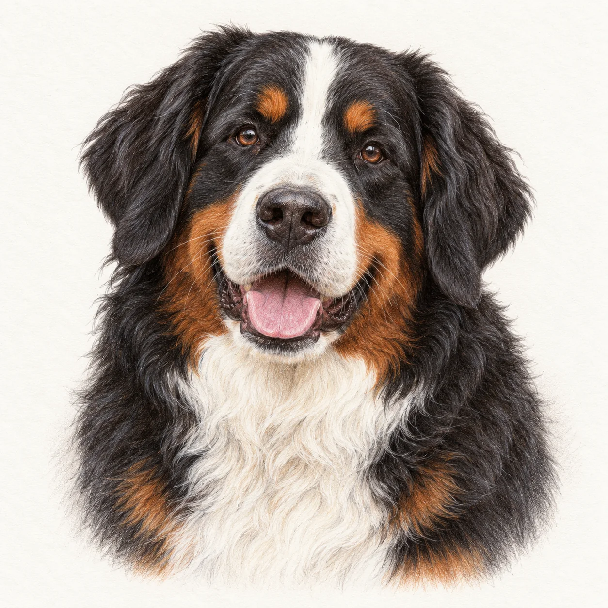 Natural coloured-pencil portrait of a Bernese Mountain Dog on warm white paper