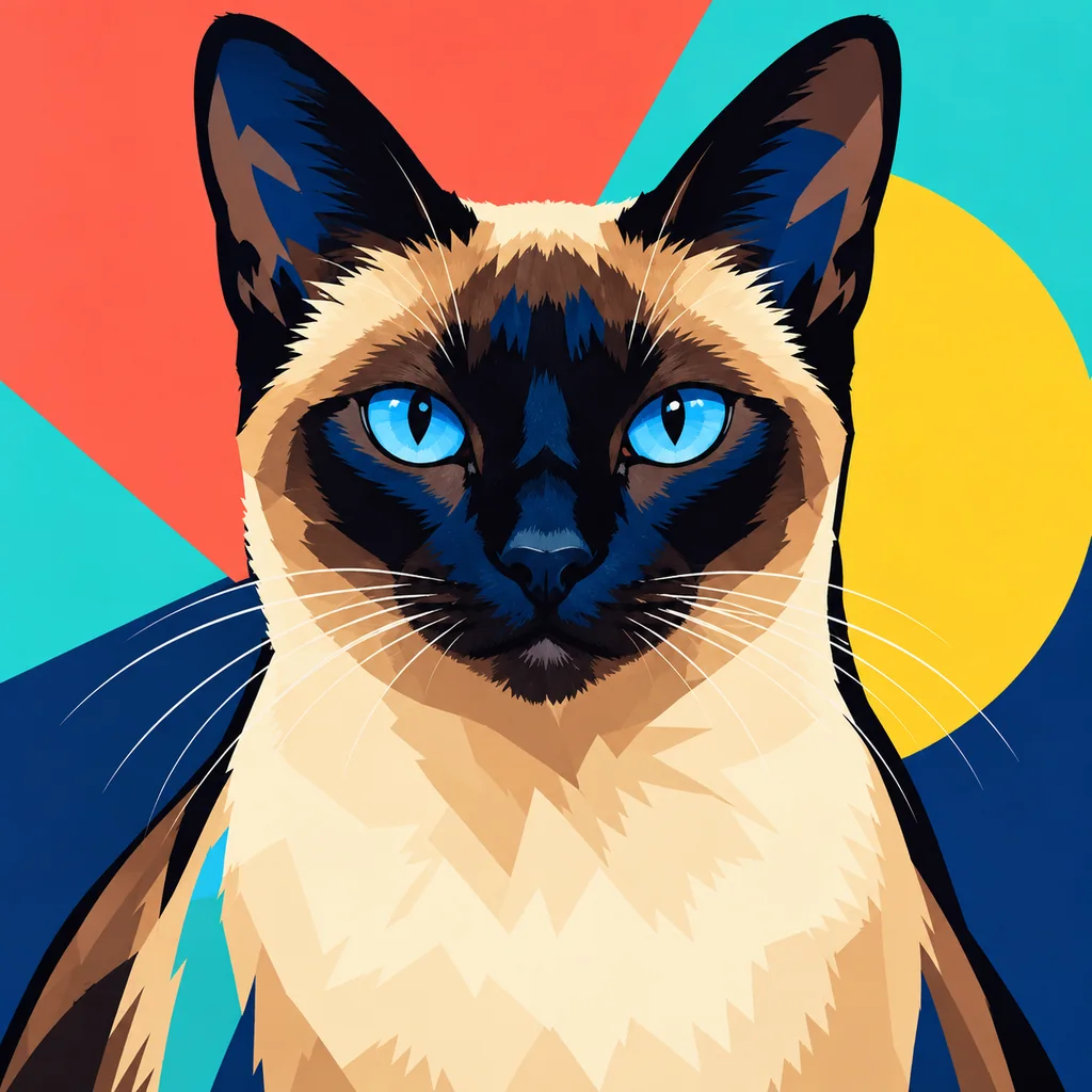 Blue-eyed Siamese cat in a bold color-block pop art portrait with complete ears and clear markings