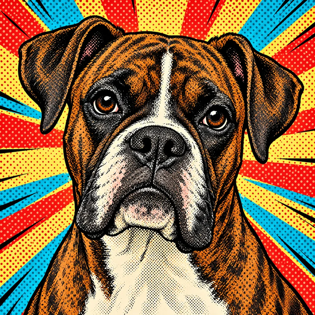 Brindle Boxer dog in a colorful comic halftone pop art portrait