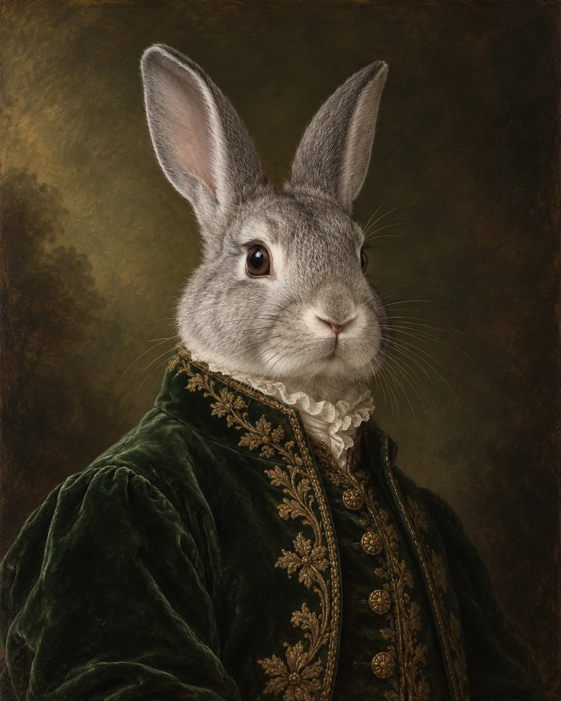 royal green coat gray rabbit portrait