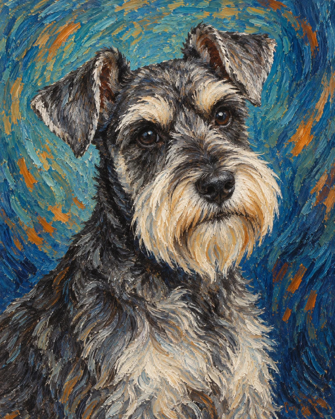 Miniature Schnauzer in a blue and orange post-impressionist studio pet portrait
