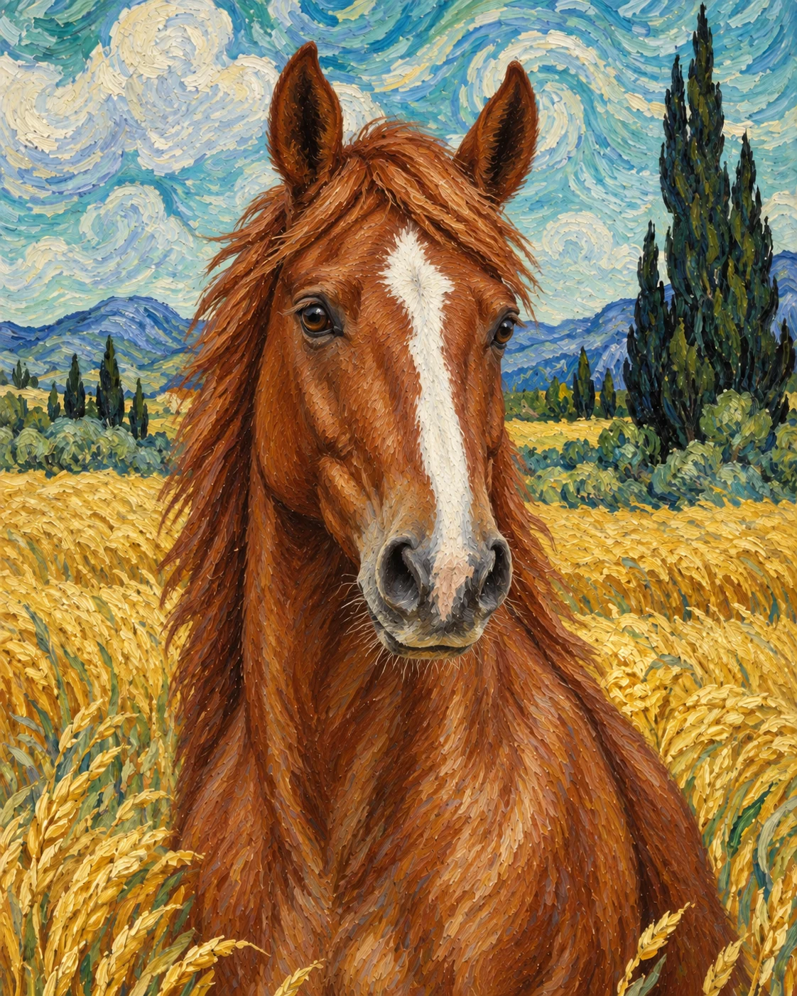 Chestnut horse in a golden wheatfield with dark cypresses and expressive painted clouds