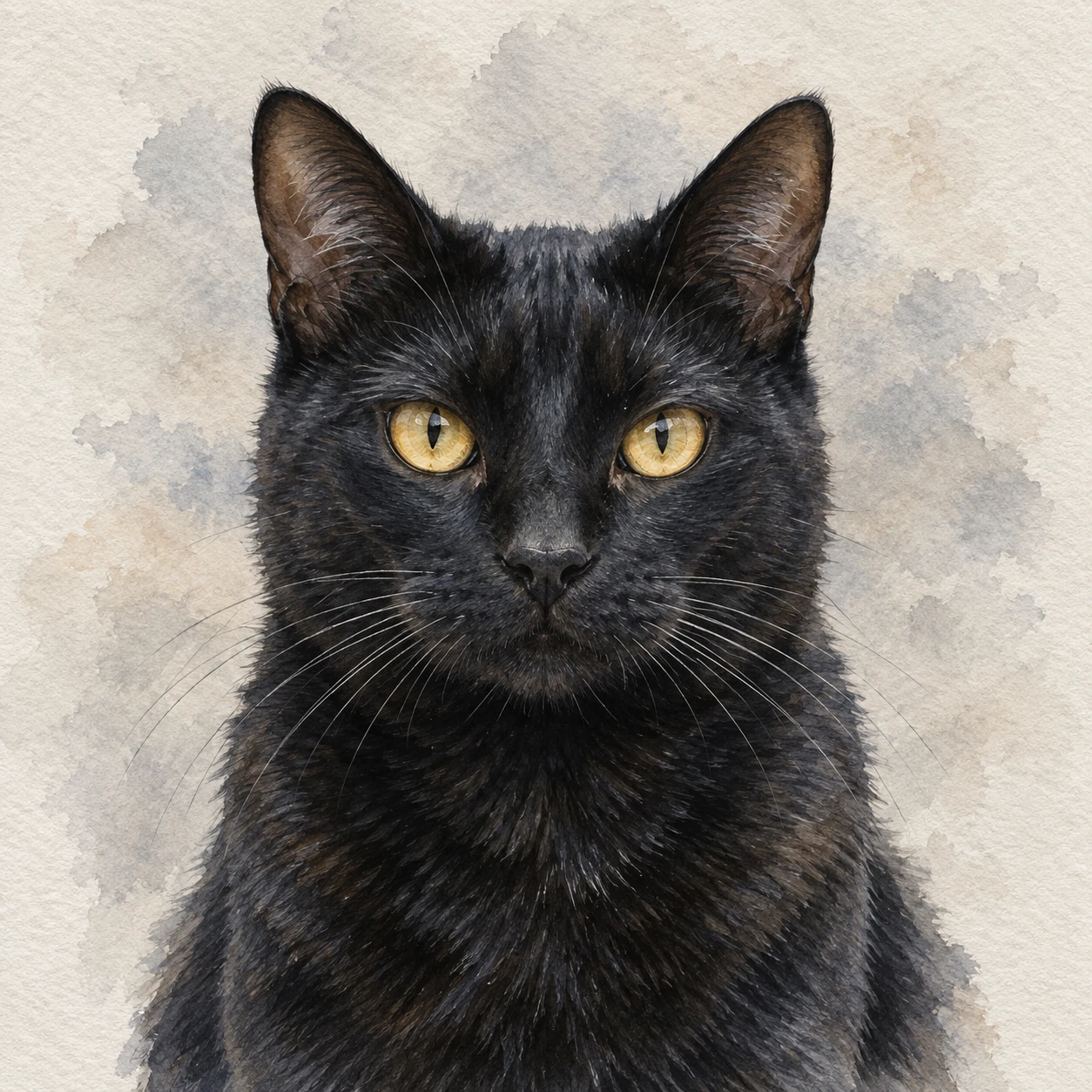 Detailed watercolor portrait of a black cat with both ears, amber eyes and coat texture visible