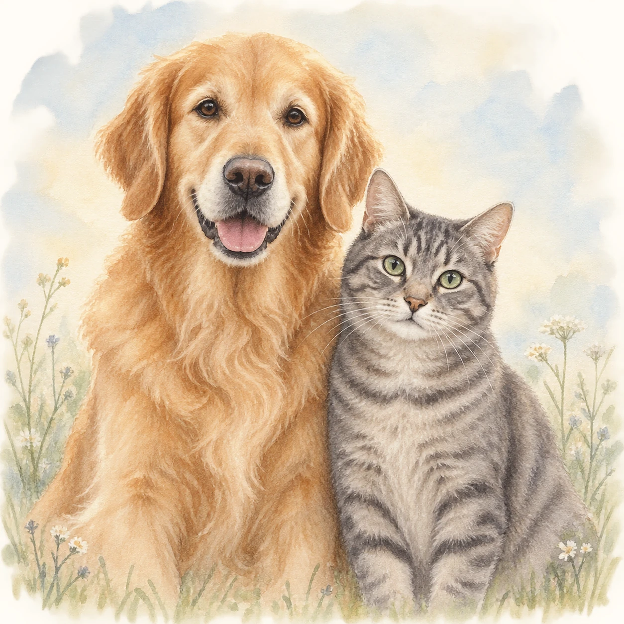 Golden retriever and grey tabby cat together in a gentle watercolor keepsake